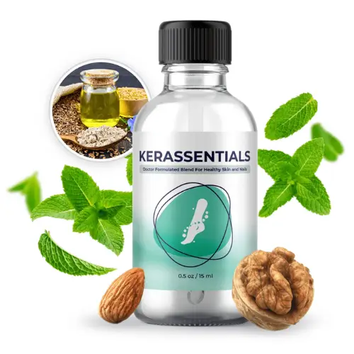 Kerassentials bottle on a soft botanical scene